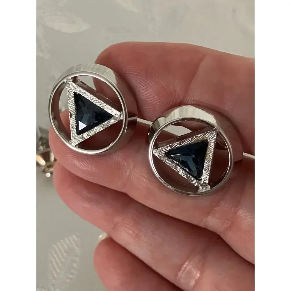 Vintage MCM Tie Clasp & Cufflink Set Blue Faceted Stones Silver Tone Geometric
